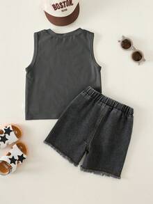 SHEIN 2pcs/Set Baby Boy Street Style Cute Versatile Knit Car Pattern Print Tank Top & Denim Shorts Set, Tank Top Set, Denim Set, Racing Set - Multicolor - View 2