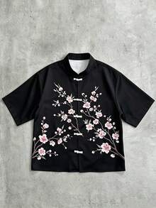 PAVTROS Men's Cherry Pattern Short Sleeve Frog Button Design Shirt, Ceremony - Black - View 3