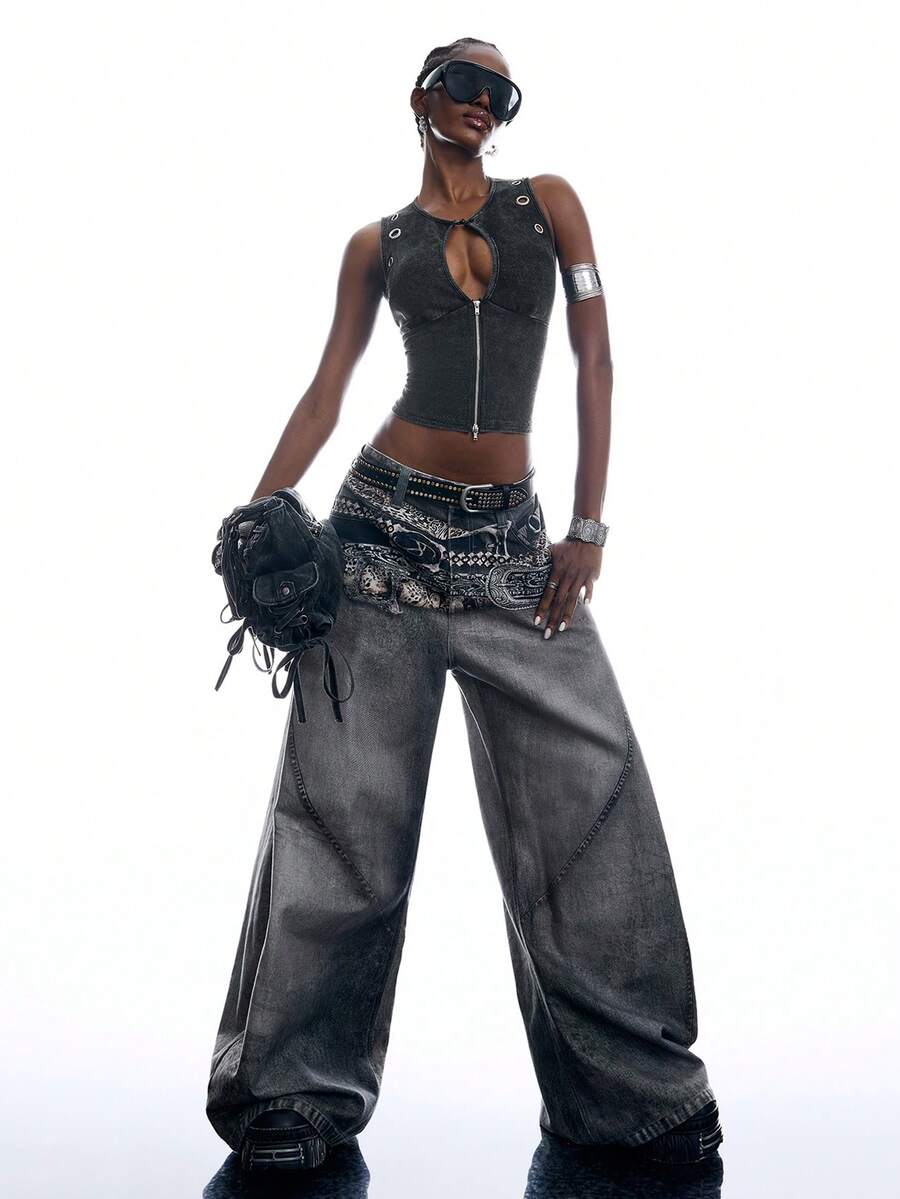 LYSMO Débardeur court ajusté pour femmes, style punk street décontracté d'été, avec découpe poitrine, décoration œillet et fermeture éclair avant - Noir - Voir 1