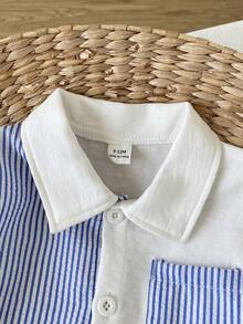 SHEIN Playful Pals 男嬰深綠色馬術圖案刺繡口袋裝飾長袖襯衫休閒時尚款適合各種場合出遊或穿著 - 淺藍色 - 查看 6