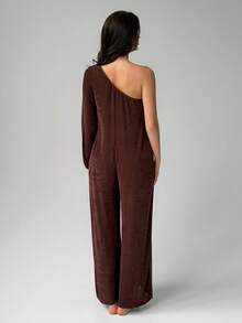 Livesso Women's Solid Color One-Shoulder Casual Daily Home Wear Jumpsuit Long Pants Pajamas - Coffee Brown - View 2