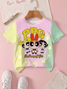 THE POWERPUFF GIRLS X SHEIN Young Girl Color Block Patchwork Cartoon Print T-Shirt - White - View 1