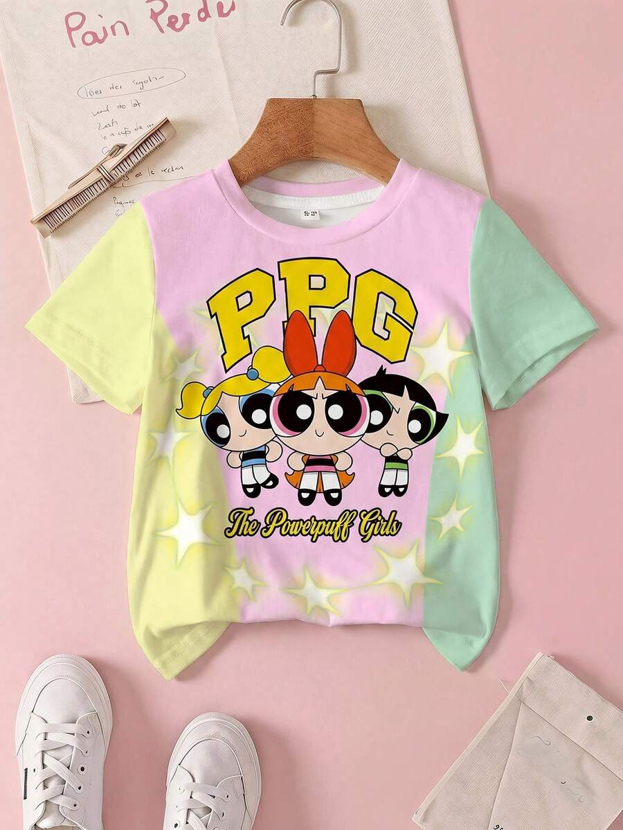 THE POWERPUFF GIRLS X SHEIN Young Girl Color Block Patchwork Cartoon Print T-Shirt - White - View 1