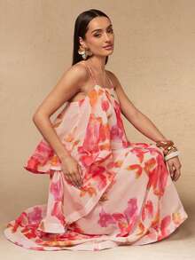 Silquee Pink Floral Maxi Dress Layered Design With Exaggerated Ruffles Elegant European Jamican Sexy Tropical Wedding Summer Mother Of The Bride - Light Yellow - View 6