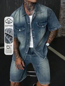 DAZY Blue Washed Denim Short Sleeve Top And Shorts Set For Men - Blue - View 1