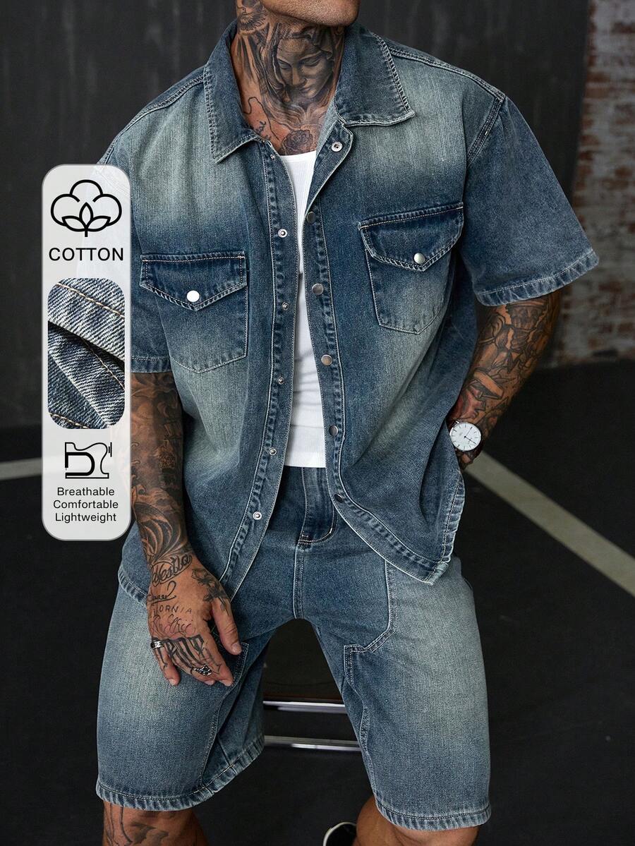 DAZY Blue Washed Denim Short Sleeve Top And Shorts Set For Men - Blue - View 1