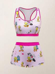 LOONEY TUNES X SHEIN 女士可爱卡通图案修身背心文胸和宽松内裤 2 件内衣套装，舒适 - 粉色 - 查看 1