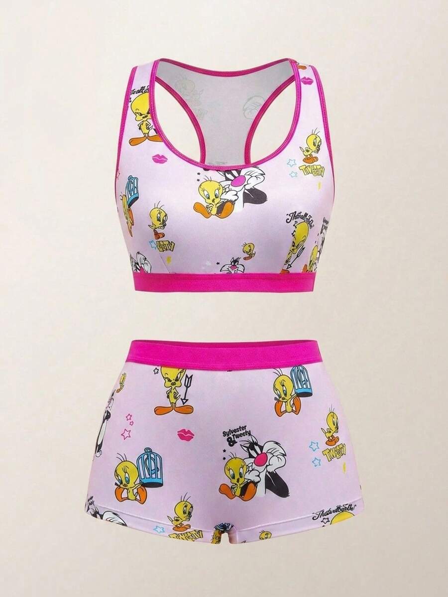 LOONEY TUNES X SHEIN 女士可爱卡通图案修身背心文胸和宽松内裤 2 件内衣套装,舒适 - 粉色 - 查看 1