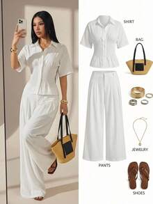 SHEIN PETITE 2026女款春夏度假風白色編織短袖襯衫，手工繫帶開襟領，職場休閒優雅通勤度假風，適合嬌小女性 - 白色 - 查看 5