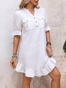 Breezaya Women's Button-Front V-Neck Utility Pocket Casual Denim Dress - White - View 4