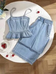 Comfortcana 大码女式荷叶边吊带背心和阔腿牛仔裤休闲度假约会两件套 - 淺色水洗藍 - 查看 4