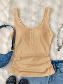 SHEIN Teen Girls Basic White Dotted Ribbed White, Metal Button Tank Top Casual All-Match White Tank Top With Deep U-Neck And Racerback - Khaki - View 7