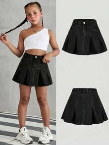 Girls' Denim Skirt 2026 Summer New Arrival Casual Preppy Style Black Summer Denim Pleated Mini Skirt Elastic Waist Design Versatile A-Line Denim Skirt Suitable For Daily Outings Summer Vacation School Commute Outdoor Gatherings Home And More - Black - View 4