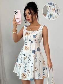 Rafferiza Ditsy Floral Print Square Neck Tie Waist A-Line Sleeveless Women's Dress - White - View 1