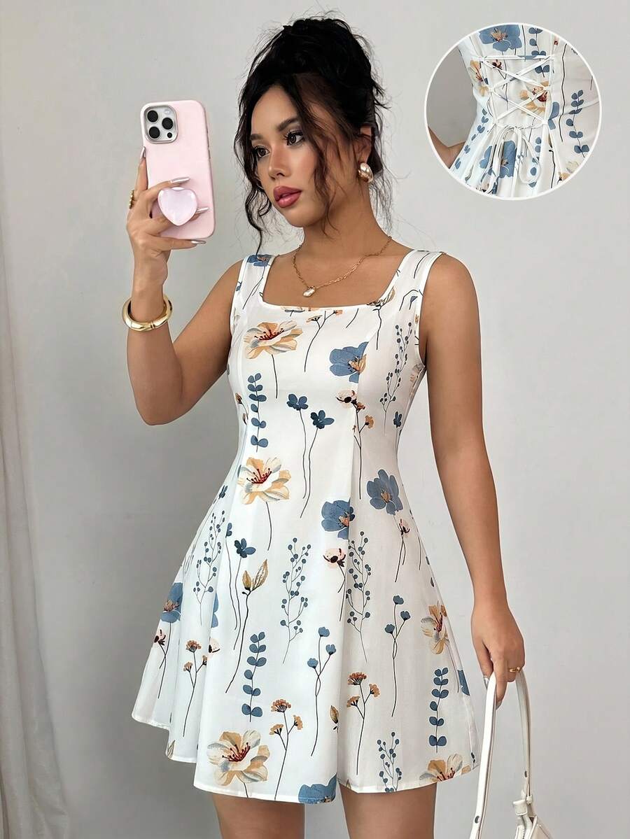 Rafferiza Ditsy Floral Print Square Neck Tie Waist A-Line Sleeveless Women's Dress - White - View 1