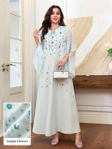 Al Najma Spring/Summer Fashion Elegant Blue Dress With Chiffon Sleeves And Tie, Loose And Long - Blue - View 9