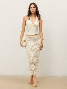 CielaLinda Women's Embroidered Eyelet Lace Skirt, Elegant Romantic Summer Wedding Beige - Apricot - View 3