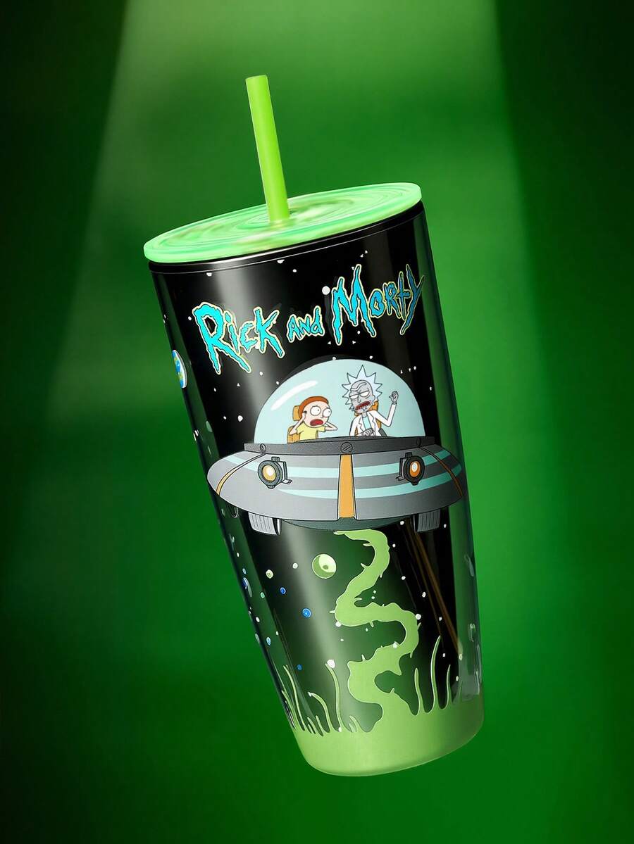 Rick and Morty X SHEIN Vaso de fondo plano Laser Cool de 24 oz / 700 ml, con destellos en forma de corazón - Negro - Ver 1