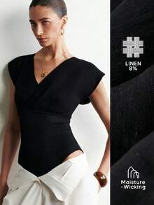 Aalyst Damen Leinen V-Ausschnitt eleganter Bodysuit, geeignet für den Urlaub - Schwarz - Übersicht 2