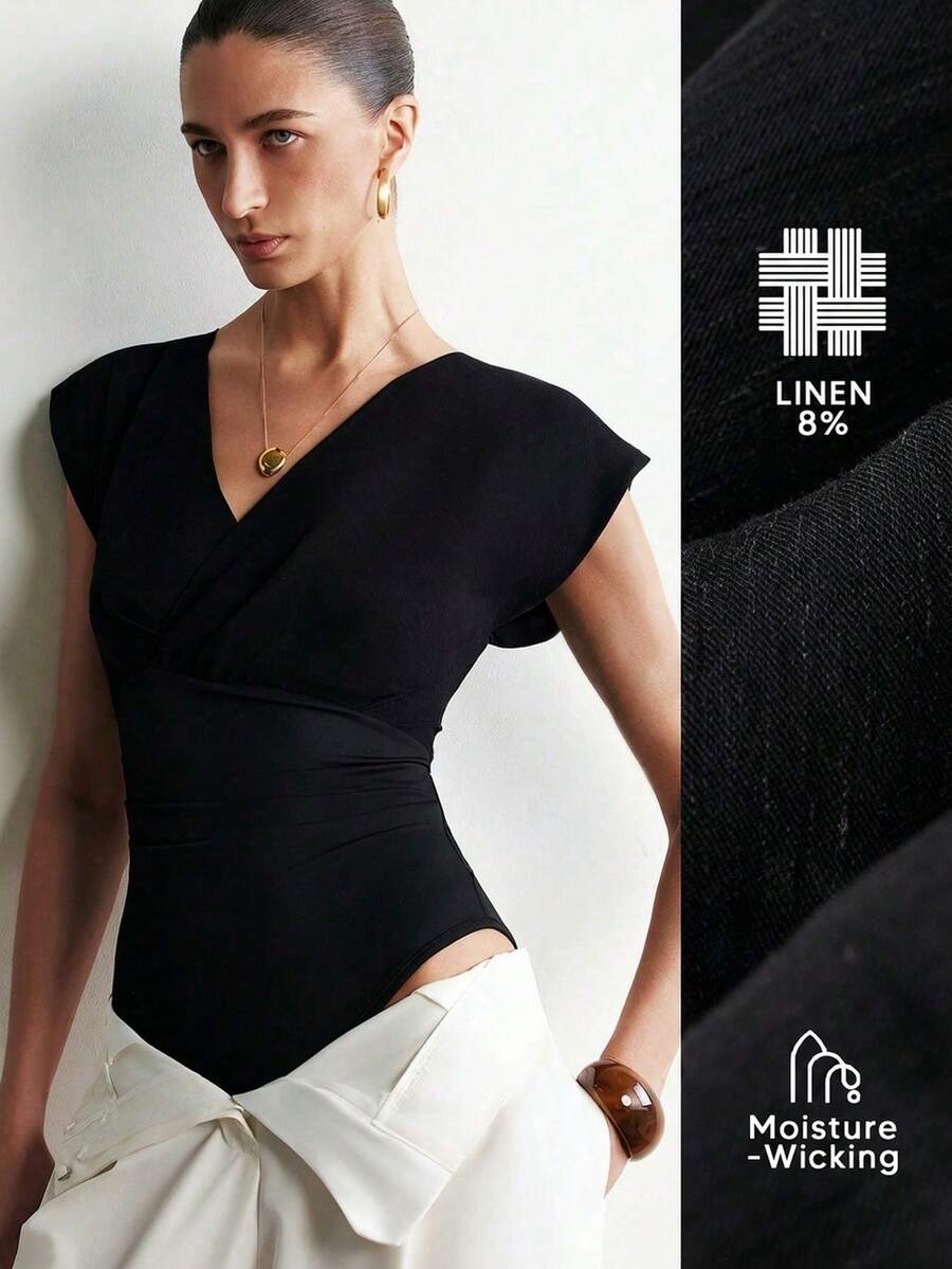 Aalyst Damen Leinen V-Ausschnitt eleganter Bodysuit, geeignet für den Urlaub