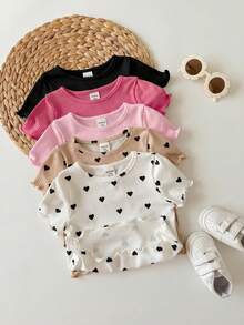 Juego de 5 piezas de camisetas casuales de punto con patrón de corazón de unicolor para niñas bebé (múltiples piezas) - Rosa - Ver 5