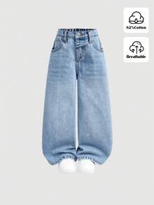 SHEIN 女童 Y2K 破洞復古街頭風休閒軟質寬鬆淺藍色牛仔寬腿牛仔褲，夏季，兒童返校季 - 淺色水洗藍 - 查看 6