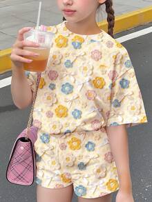可愛3D花朵蝴蝶結少女休閒舒適圓領短袖T恤與休閒短褲2件套，返校季，輕鬆舒適，時尚女孩，休閒穿搭，新風格 - 彩色 - 查看 6
