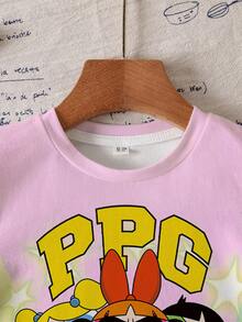 THE POWERPUFF GIRLS X SHEIN Young Girl Color Block Patchwork Cartoon Print T-Shirt - White - View 4
