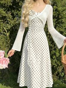 Teen Girls French Gentle Style Polka Dot Cami Maxi Dress + Hollow Knit Cardigan 2pcs Set, Waist-Defining Fit With 3D Rose Decor Autumn Fall - White - View 1