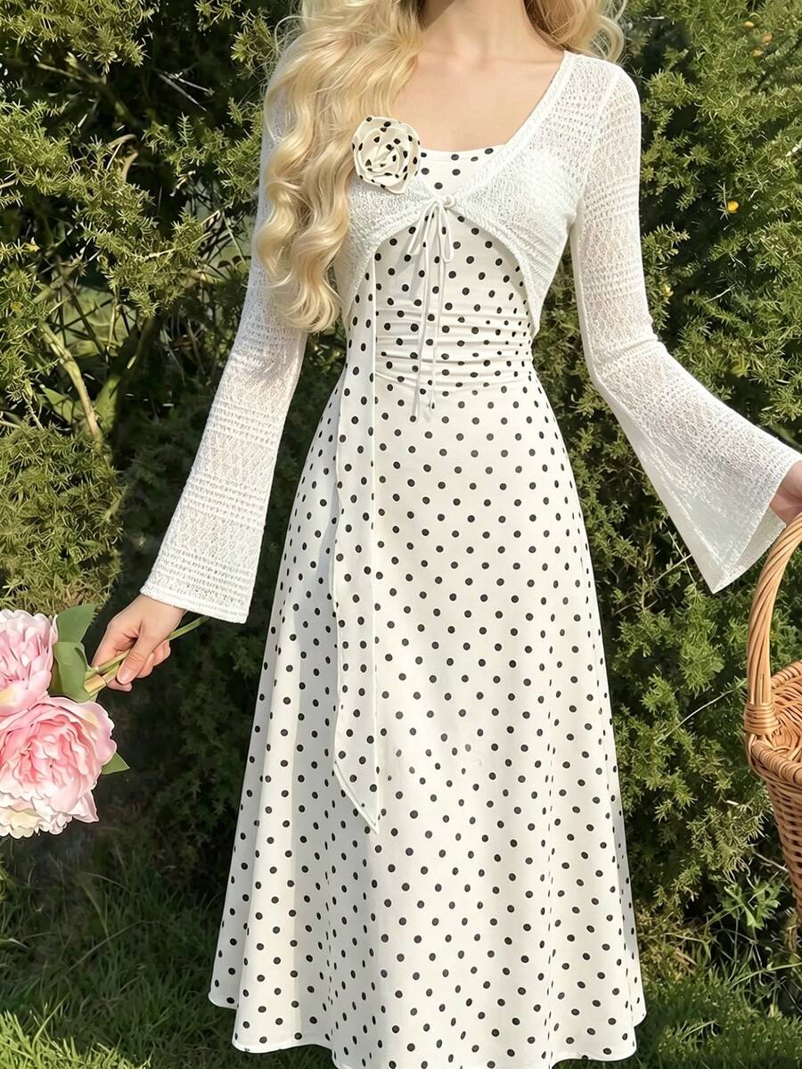 Teen Girls French Gentle Style Polka Dot Cami Maxi Dress + Hollow Knit Cardigan 2pcs Set, Waist-Defining Fit With 3D Rose Decor Autumn Fall - White - View 1