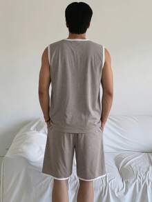 DAZY 男士字母印花灰色背心短裤睡衣套装，夏季 - 灰色 - 查看 2