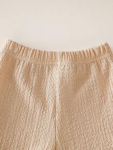 SHEIN Summer New Vacation Casual Cute Girls' Camisole V-Neck Crochet Striped Beach Fabric Cute Crochet Flower White Round Woven Strap Top With Matching Textured Ruffle Shorts Set - Coffee Brown - View 6