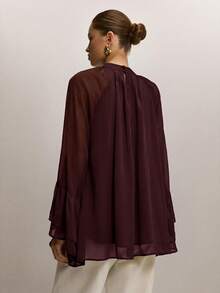 ATUI Studio Women's Minimalist Solid Color Loose Pleated Flare Sleeve Blouse - Brown - View 3