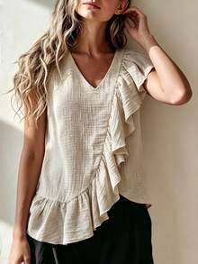 Zayélia Blusa casual versátil y elegante de uso diario, holgada, con cuello en V, gran volantes en el borde, sin mangas, para mujer, primavera-verano - Albaricoque - Ver 4