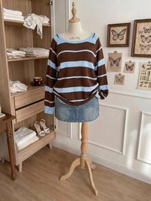 Comfortcana Suéter de punto de talla grande con bloques de color, rayas retro y hombro asimétrico para otoño/invierno - Multicolor - Ver 8