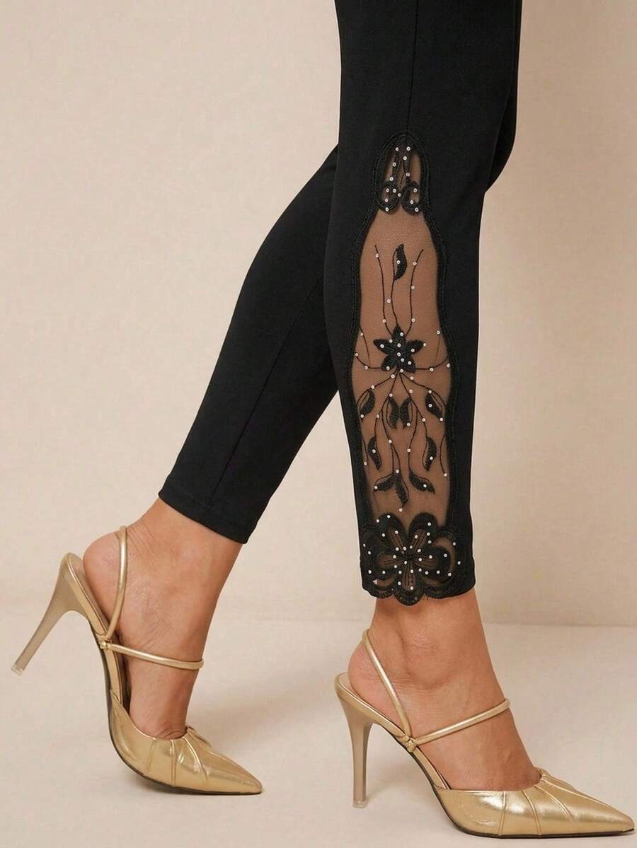 Amorya Pantalones ajustados al tobillo con bordado y pedrería para mujer, pantalones de estilo campestre para mujer, atuendos de oficina para mujer, vestido - Negro - Ver 1