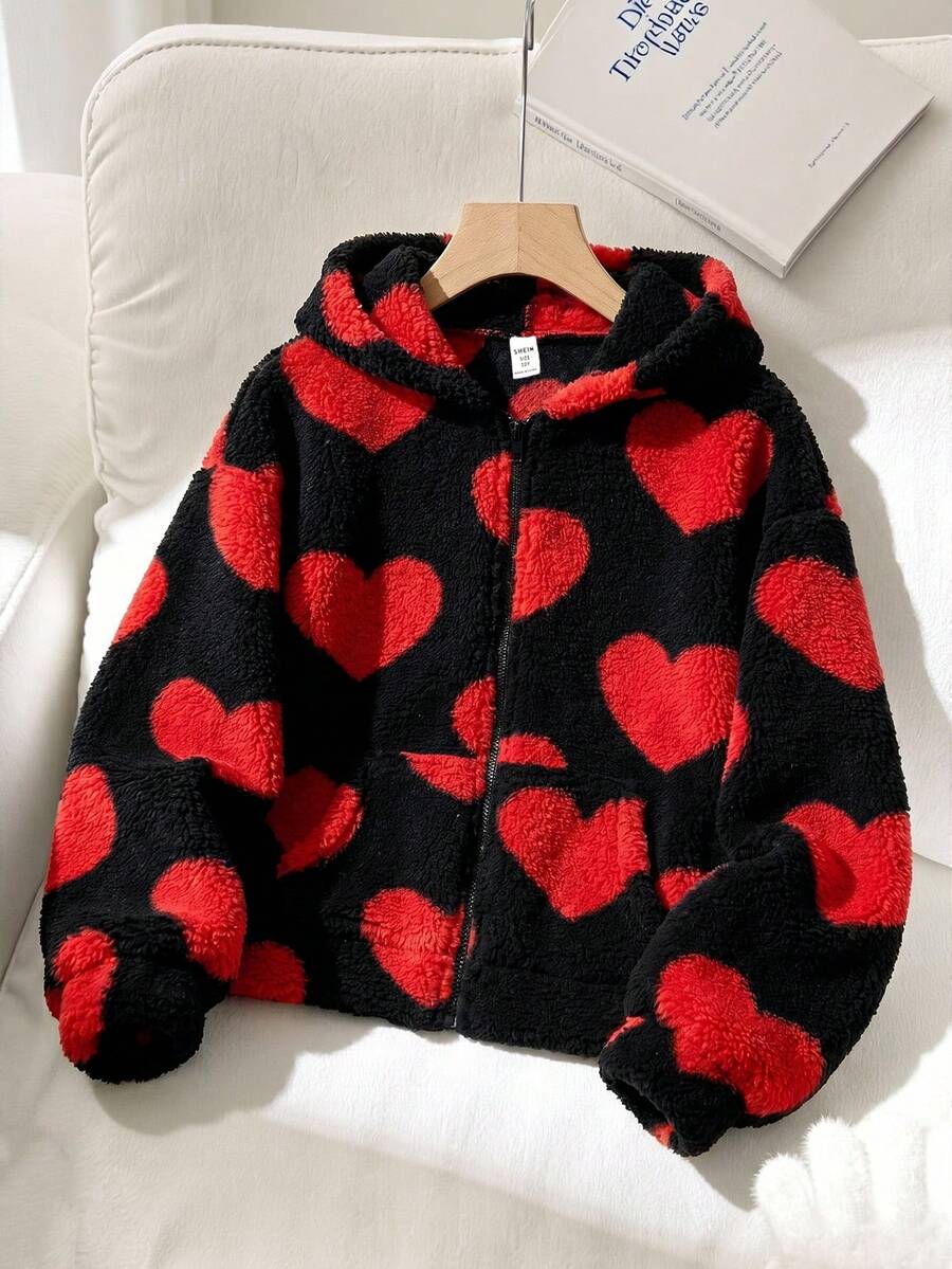 SHEIN Tween女孩心形抓絨連帽拉鍊夾克,適合秋冬戶外度假與返校穿著,黑色可愛款 - 黑色 - 查看 1