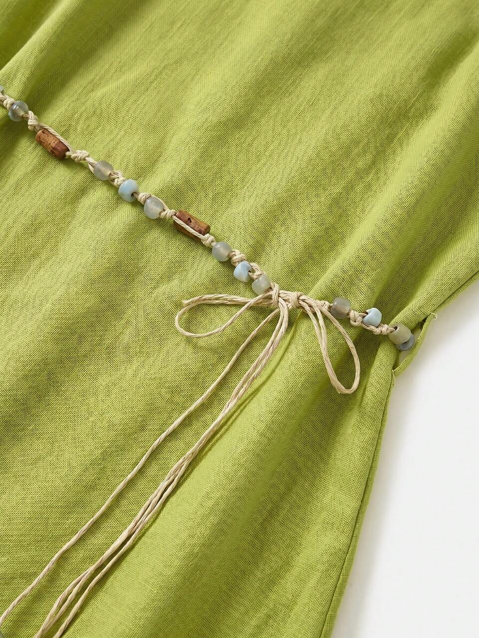 Elegant Green Linen Loose Fit Mini Dress With Boho Beaded Belt Summer Holiday Causal French Style Cotton Dress