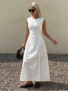 DAZY Elegant Casual Modest Basic Vacation Style Midi Dress For Women, Spring Summer White Sundress - Apricot - View 5