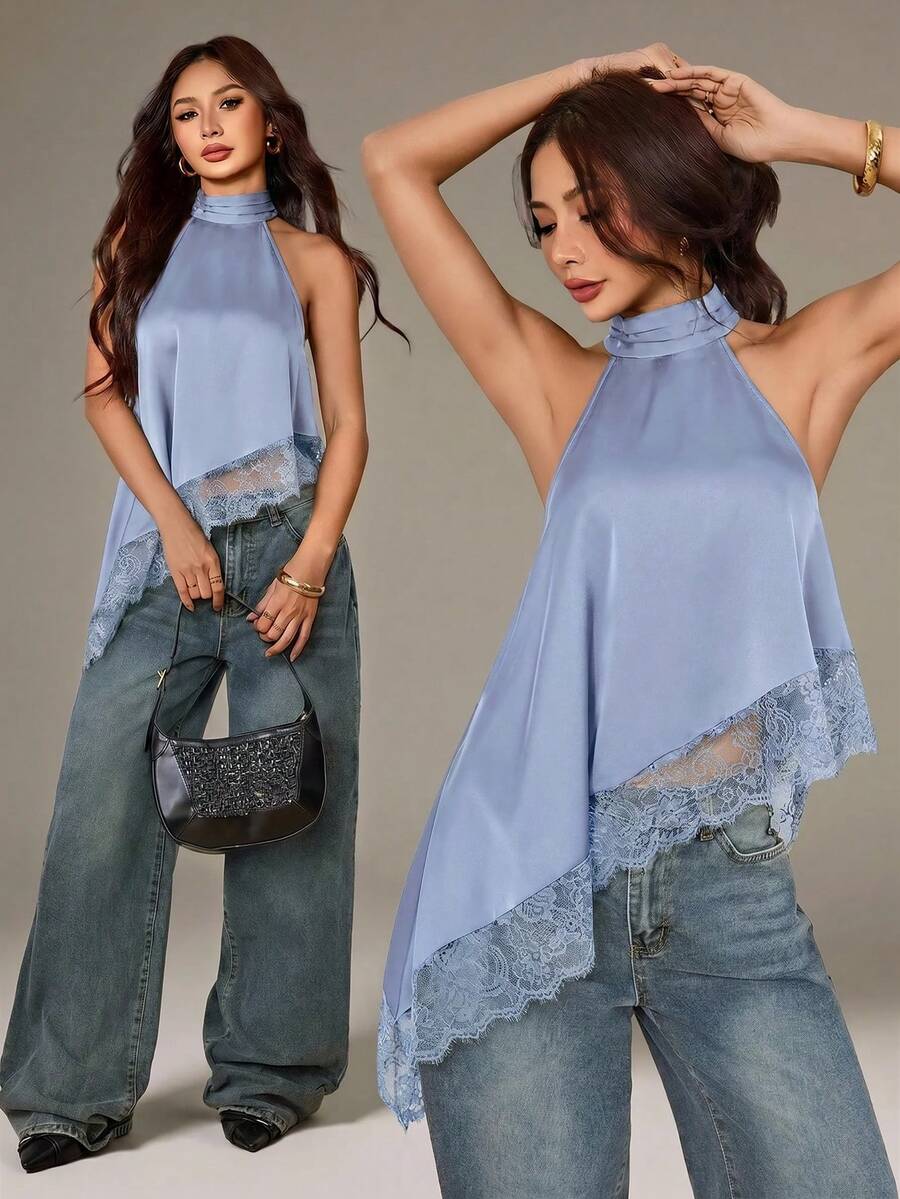 SHEIN PETITE 不對稱高領掛脖上衣 蕾絲飾邊 晚宴派對款 - 淺藍色 - 查看 1