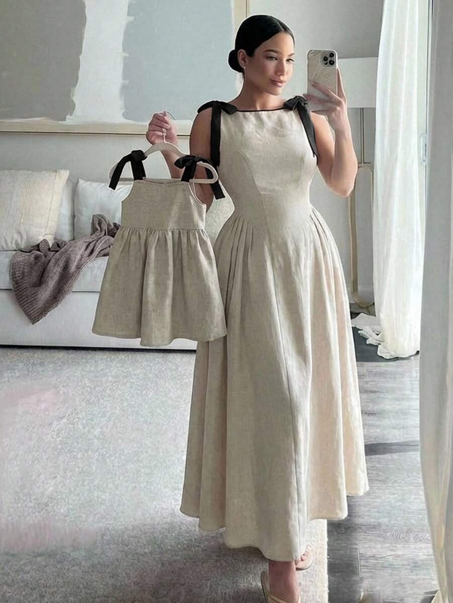 SHEIN 女嬰度假休閒可愛拼色細肩帶洋裝 - 杏色 - 查看 1