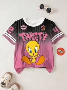 LOONEY TUNES X SHEIN Young Girls Round Neck Short Sleeve Ombre Cute Allover Print T-Shirt, Full Print - White - View 1