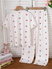 Young Women's Round Neck Cute Cherry All-Over Print Short Sleeve Long Pants Casual Knit Pajama Homewear Set - Apricot - View 2