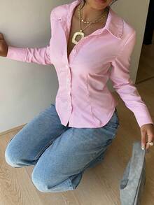 SHEIN EZwear 灰粉色條紋梭織女款襯衫 辦公室秋季優雅風 - 粉色 - 查看 6