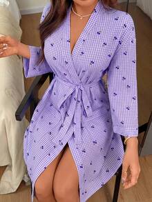 Napfluff Bata casual de mujer con estampado de cuadros de cereza y frente abierto - Morado - Ver 4