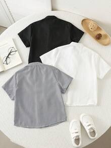 SHEIN 買2送1 3件組 少年男孩童裝休閒日常百搭時尚條紋立領短袖梭織襯衫上衣多件套裝，適合春夏季，適合日常穿著，適合運動，適合出遊，適合校園，適合派對，適合節慶，適合表演，適合拍照，適合開學季 - 彩色 - 查看 3
