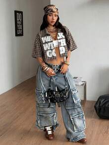 Coolane 女款春夏季復古學院風短版格紋寬鬆短版上衣紅色襯衫新年穿搭 - 棕色 - 查看 2