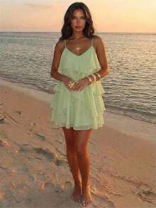 Aloruh Elegantes mehrlagiges Rüschen-Chiffon-Mini-Kleid mit Raffung für Damen, für Strandurlaub, Dates und Partys - Minzgrün - Übersicht 3