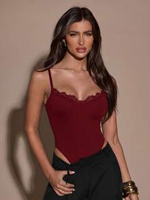 SHEIN BAE 女款性感辣妹蕾絲拼接優雅細肩帶背心 - 酒紅色 - 查看 6
