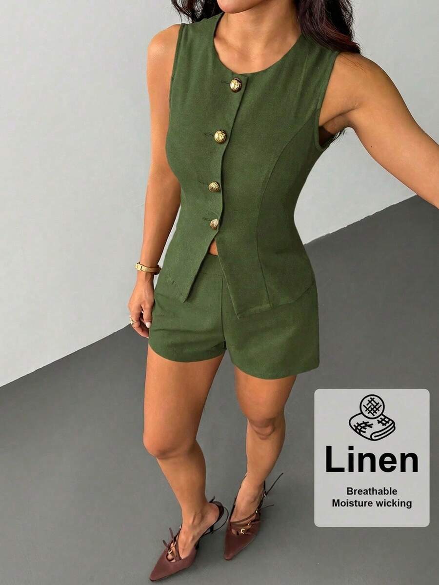 SHEIN PETITE 女款純色圓領單排扣背心與短褲休閒套裝 - 綠色 - 查看 1